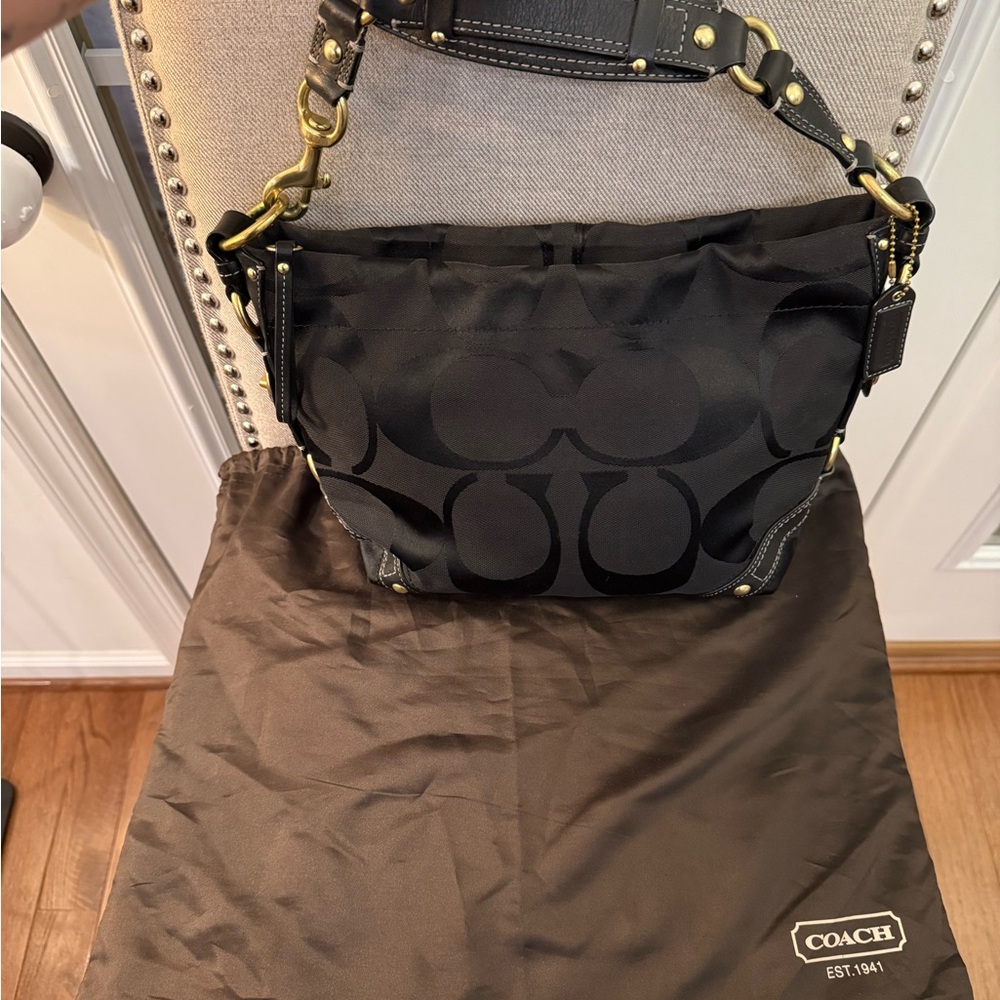 Coach Black Signature Carly Hobo Shoulder Bag with Brass Hardware - Picture 2 of 16